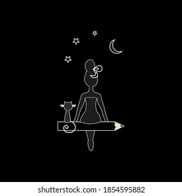 The girl is sitting on the pen look at the moon and stars. Girl sitting on a pen and waving her hand, concept of hi and goodbye, illustration in flat design isolated on black background eps10