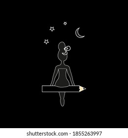 The girl is sitting on the pen look at the moon and stars. Girl sitting on a pen and waving her hand, concept of hi and goodbye, illustration in flat design isolated on black background eps10