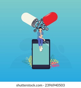Girl sitting on phone with social media icon. Addicted to social media and feedback vector illustration  