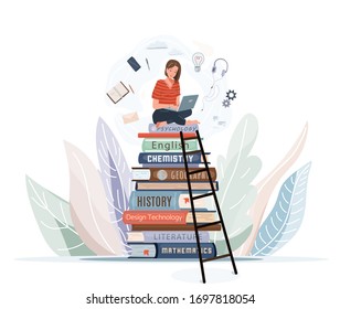 Girl sitting on pile of books with open laptop on her knees. Online library, study, e learning concept design. Vector illustration in trendy flat style isolated on white background.