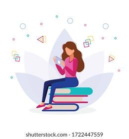 Girl sitting on pile of books with tablet in her hands. Concept illustration of e-learning, distance studying and self education.