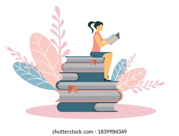 Girl Sitting On Pile Books Open Stock Vector (Royalty Free) 1839984349 ...