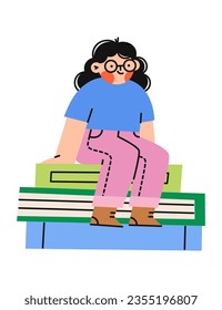 Girl sitting on pile of books. Concept studying and education. Vector flat illustration.