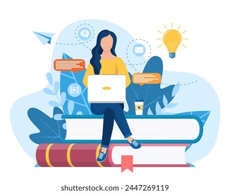 Girl sitting on pile of books. Concept illustration of online courses, distance studying, self education, digital library. E-learning banner. Online education. Vector illustration in flat style