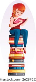Girl Sitting on a Pile of Books and Reading. Bookworm Concept Vector Art