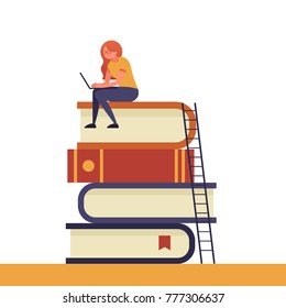 Girl sitting on pile of books with laptop. Concept illustration of e-learning, distance studying and self education. Young woman student character in simple trendy flat style.