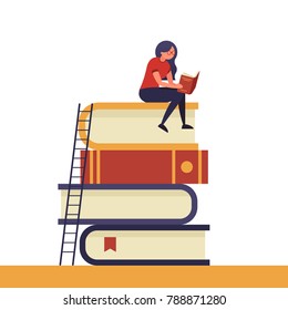 Girl sitting on pile of books with open book in her hands. Concept illustration of e-learning, distance studying and self education. Young woman student character in simple trendy flat style.