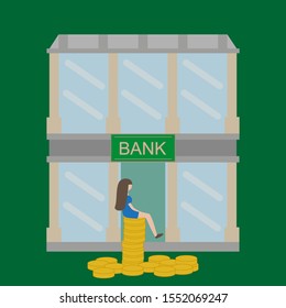 Girl sitting on a pile of gold coins in front of the bank