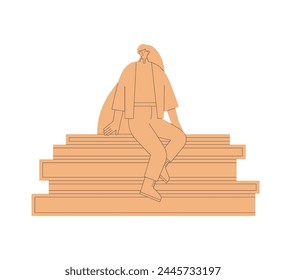 Girl sitting on pile of notebooks isolated on white