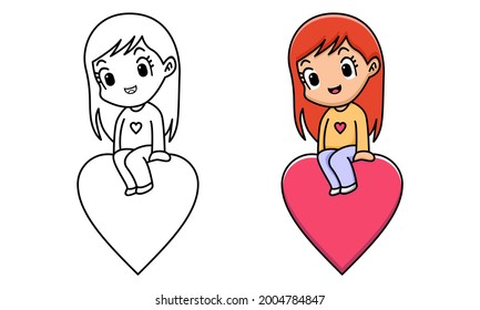 girl sitting on red heart coloring page for kids