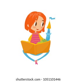Girl sitting on rhe floor and reading a book, preschool activities and early childhood education concept vector Illustration