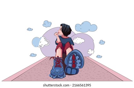 girl sitting on road in big sneackers