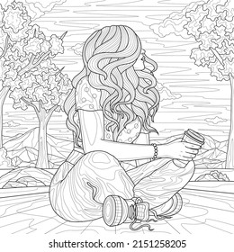 Girl sitting on the road with coffee in her hands.Coloring book antistress for children and adults. Illustration isolated on white background.Zen-tangle style. Hand draw