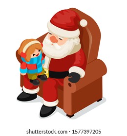 Girl sitting on santa claus knee  isometric christmas new year cartoon design vector illustration