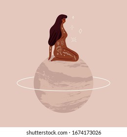 Girl sitting on Saturn poster. Modern abstract art print. Cosmic minimalistic scene. Isolated elements. Vector illustration