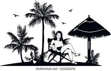 girl sitting on seashore vector drawing. beach, palm trees, straw umbrella, sea, deck chair, seagulls vector hand drawing. summer landscape vector sketch. eps art vector