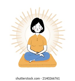 a girl sitting on a seat cushion meditating with radius abstract background