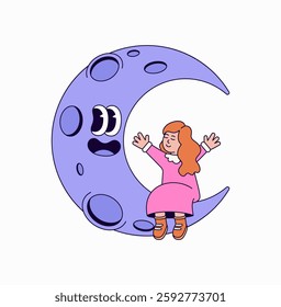 A girl sitting on a smiling moon cartoon character vector hand drawn illustration