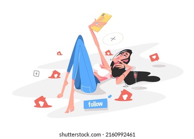 Girl sitting on social networks vector illustration. Woman taking selfie on smartphone and posting to social media flat style concept. Likes and followers signs. Virtual life idea