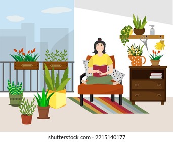 The girl is sitting on the sofa with a book. Balcony home garden with flowers and seedling boxes, chest of drawers and furniture. Place for rest. Vector illustration. 