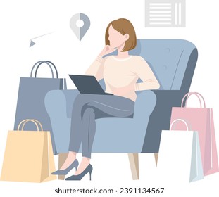 Una niña está sentada en el sofá, mirando su tablet. Junto a ella hay un grupo de bolsas de compras y paquetes de mercadería.