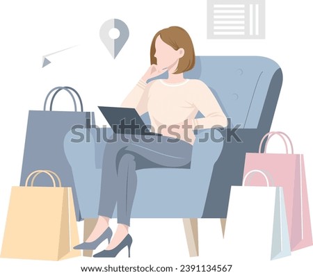 A girl is sitting on the sofa, browsing her tablet. Next to her is a group of shopping bags and packages of goods.