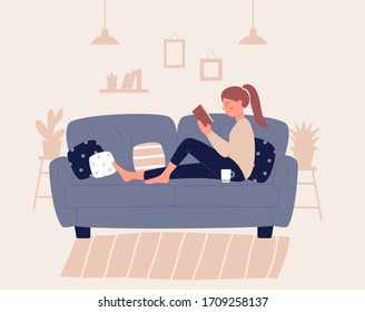 Girl sitting on sofa or couch with pillow ond read book. Young woman resting in cozy atmosphere of her room, apartment, home. Relax concept character flat design vector illustration, modern lifestyle