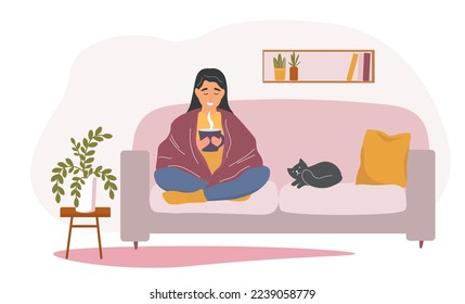 
The girl is sitting on the sofa with a cup of hot drink under the blanket. A woman is warming herself under a blanket with a pet cat next to her. Vector graphics.