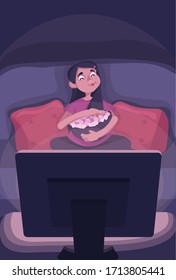 
Girl sitting on a sofa eating popcorn and watching a movie, tv-show. Flat vector illustration