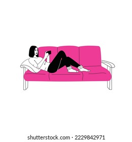 Girl sitting on sofa at home. Woman with laptop on the couch. Freelance or studying concept. Female character, chatting online using laptop, resting