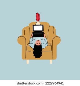 Girl sitting on sofa at home. Woman with laptop on the couch. Freelance or studying concept. Female character, chatting online using laptop, resting