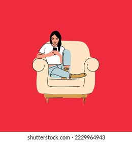 Girl sitting on sofa at home. Woman with laptop on the couch. Freelance or studying concept. Female character, chatting online using laptop, resting