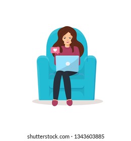 Girl sitting on sofa with laptop, woman sitting in armchair, searching information at the internet, message with heart, work at home