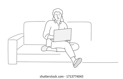 Girl sitting on a sofa with laptop. Contour drawing vector illustration.