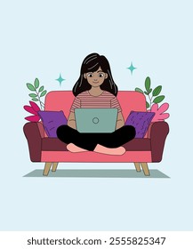 Girl sitting on sofa with laptop on lap