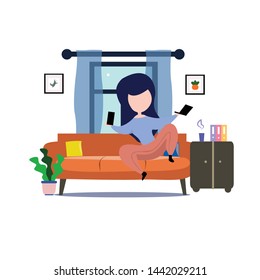 A girl sitting on the sofa playing with smartphone. Vector flat illustration.template, cartoon style