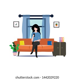 A girl sitting on the sofa playing with smartphone. Vector flat illustration.template, cartoon style