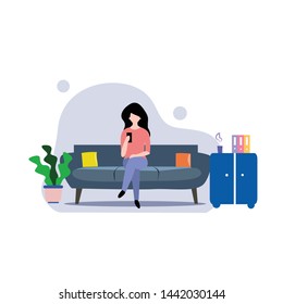 A girl sitting on the sofa Playing Smartphone. Vector flat illustration.template, cartoon style