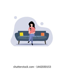 A girl sitting on the sofa Playing Smartphone. Vector flat illustration.template, cartoon style