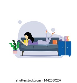 A girl sitting on the sofa Playing Smartphone. Vector flat illustration.template, cartoon style