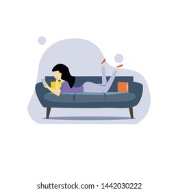 A girl sitting on the sofa Playing Smartphone. Vector flat illustration.template, cartoon style