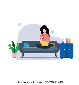 A girl sitting on the sofa Playing Smartphone. Vector flat illustration.template, cartoon style