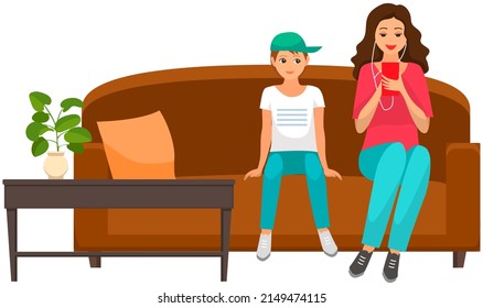 Girl sitting on sofa playing smartphone. People on comfortable sofa vector illustration. Cozy furniture, interior design element. Children with gadgets on couch. Rest, home pastime. relax concept