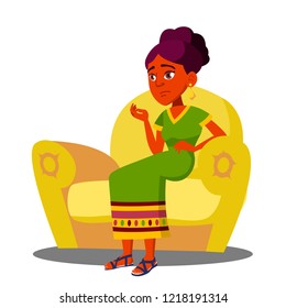 Girl Is Sitting On Sofa With Strong Abdominal Pains Vector. Isolated Illustration