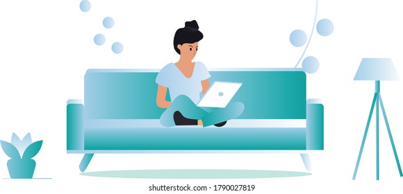 girl sitting on sofa and use their laptop for office work. - Shutterstock ID 1790027819