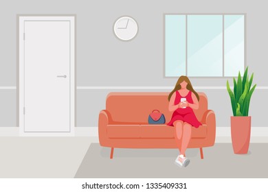 Girl sitting on the sofa. Girl using mobile phone. Vector illustration