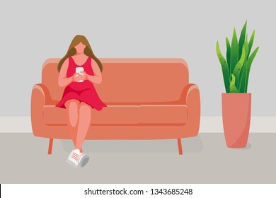Girl sitting on the sofa. Girl using mobile phone. Vector illustration
