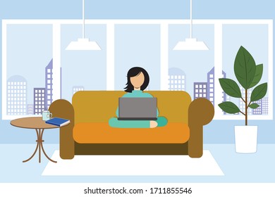 
Girl sitting on a sofa and working on a laptop on the background of a window in the city. Vector illustration. Stay at home.
