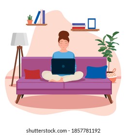 Girl sitting on a sofa and working on laptop online from home. Cute vector stock illustration in flat style, isolated on white background. Studying or freelance concept.