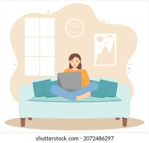 A girl sitting on sofa and working or studing at home. Using laptop. Flat style. Vector illustration. 